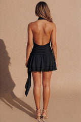 Black High Neck Floral Detail Frill Hem Mini Dress -Mayan