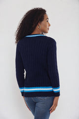 Navy Cable Knit V Neck Jumper with Stripe Trim - Somia