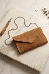 Camel Suede Envelope Luxe Clutch Bag - Laura