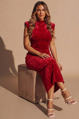 Red Velvet Shoulder Pad Midi Dress- Miea