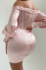 Light Pink Satin Bardot Long Puff Sleeve Bodycon Mini Dress - Tiara