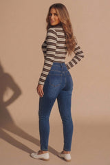Blue High Waisted Button Detail Skinny Jeans – Mia