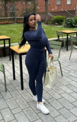 Navy Stretch Long Sleeve Top and Leggings Activewear Set - Elara