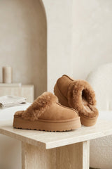 Camel Faux Suede Platform Slipper Mules - Moix