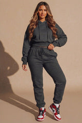 Charcoal Long Sleeve Cropped Fleece Hoodie & Cuffed Joggers Loungewear Set - Layla