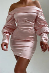 Light Pink Satin Bardot Long Puff Sleeve Bodycon Mini Dress - Tiara