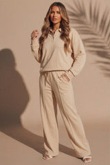 Stone Oversized Long Sleeve Rugby Top and Trouser Co Ord Set - Marizel