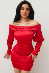 Red Satin Bardot Long Puff Sleeve Bodycon Mini Dress - Tiara