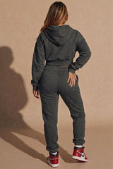 Charcoal Long Sleeve Cropped Fleece Hoodie & Cuffed Joggers Loungewear Set - Layla