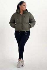 Khaki Hooded Drawstring Cropped Puffer Jacket - Stacey