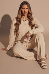 Stone Oversized Long Sleeve Rugby Top and Trouser Co Ord Set - Marizel