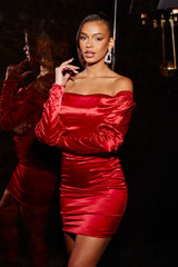 Red Satin Bardot Long Puff Sleeve Bodycon Mini Dress - Tiara