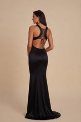 Black Satin Thigh Split Maxi Dress-Vona