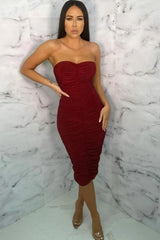 Wine Ruched Strapless Bodycon Midi Dress - Vita