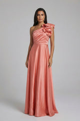 Coral One Shoulder Ruffle Detail Maxi Dress-Zxina