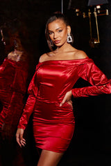 Red Satin Bardot Long Puff Sleeve Bodycon Mini Dress - Tiara