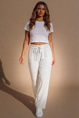 White Stripe Drawstring Wide Leg Trousers- Kilyan