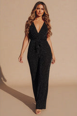 Black Plunge Neck Silver Glitter Sleeveless Jumpsuit - Orianda