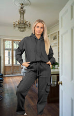 Charcoal Cropped Fleece Hoodie with Cargo Jogger Sweatpants Loungewear Set - Roshana