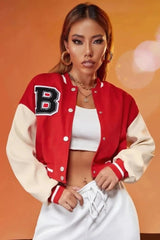 Red Varsity Slogan Contrast Sleeve Bomber - Hallie