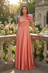 Coral One Shoulder Ruffle Detail Maxi Dress-Zxina