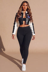 Black & White PU Leather Racer Patch Details cropped Jacket - Robina