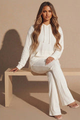 Cream Ribbed Knitted Hoodie & Flared Loungewear Set – Alaya