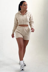 Oatmeal Zip Up Hoodie & High Waisted Shorts Co-ord Set - Eliza