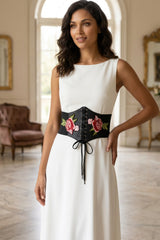 Black Floral Embroidered Lace Up Corset Belt- Arvella