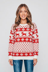 Cream Reindeer And Snowflake Print Long Sleeve Knit Christmas Jumper - Holly