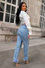 Blue Light Wash Distressed Denim Mom Jeans – Eve