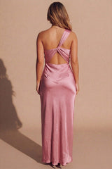 Rose Satin One Shoulder Twist Back Cut Out Maxi Dress- Kavira