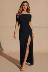 Black Slinky Bardot One Shoulder Ruched Double Layer Maxi Dress- Marissia