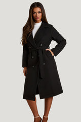 Black Double Breasted Black Button Detail Belted Trench Coat - Eliana