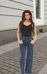 Blue Diamond Stitch High Waisted Straight Leg Jeans - Elira