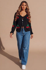 Black Cherry Print Knit Tie Front Cardigan- Misha