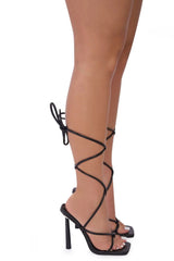 Black Lace Up Strappy Stiletto Square Toe Heels - Danira