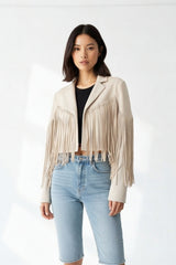 Beige Suede Tassel Detail Cropped Jacket – Layon