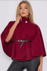 Wine Belted High Neck Cape Coat - Vivienne