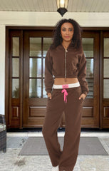 Brown Cropped Zip-Up Hoodie with Wide Leg Joggers Statement Patch Loungewear Set – Zaria