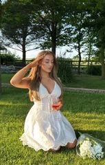 White Plunge Halter Tie Front Broderie Mini Dress - kasia