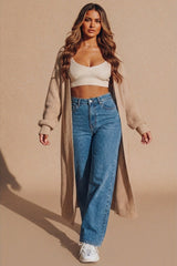 Stone Knitted Long Puff Sleeve Midi Longline Cardigan - Poppy