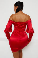 Red Satin Bardot Long Puff Sleeve Bodycon Mini Dress - Tiara