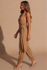 Camel Halterneck Wrap Crop Top & Jogger Co-Ord Set - Tehlan