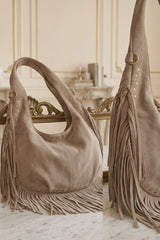 Taupe Faux Suede Fringe Shoulder Bag - Minba