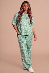 Sage Print Oversized Loungewear Set With Side Stripe Detail- Orlina
