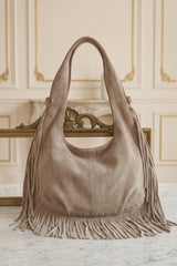 Taupe Faux Suede Fringe Shoulder Bag - Minba