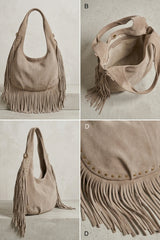 Taupe Faux Suede Fringe Shoulder Bag - Minba
