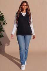 Black  V Neck Sleeveless Knitted Vest- Hanya