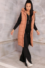 Tan Sleeveless Longline Midi Zip Up Hooded Puffer Gilet - Terri
